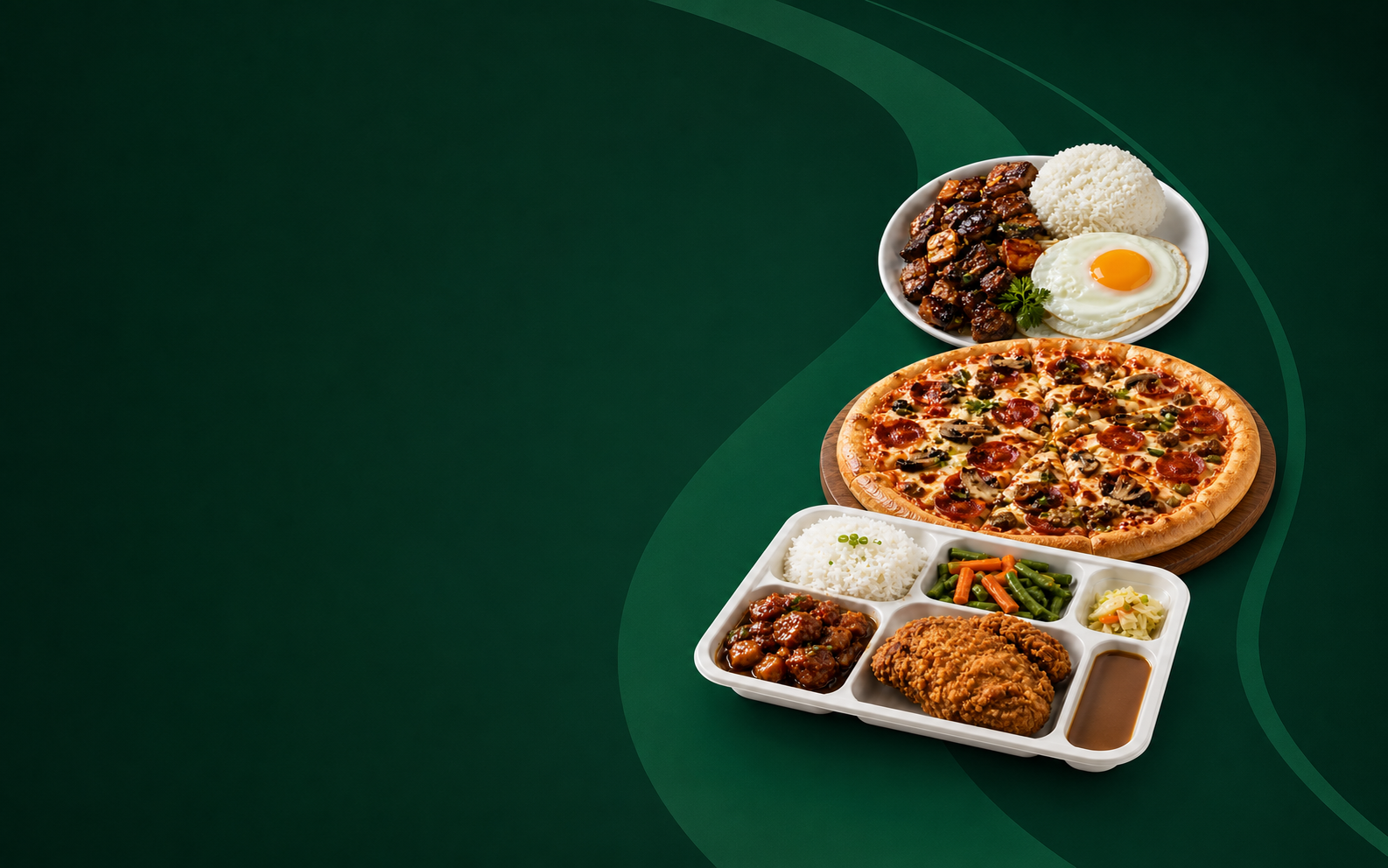 FlameLeaf pizza, rice meal, and fresh made-to-order dishes